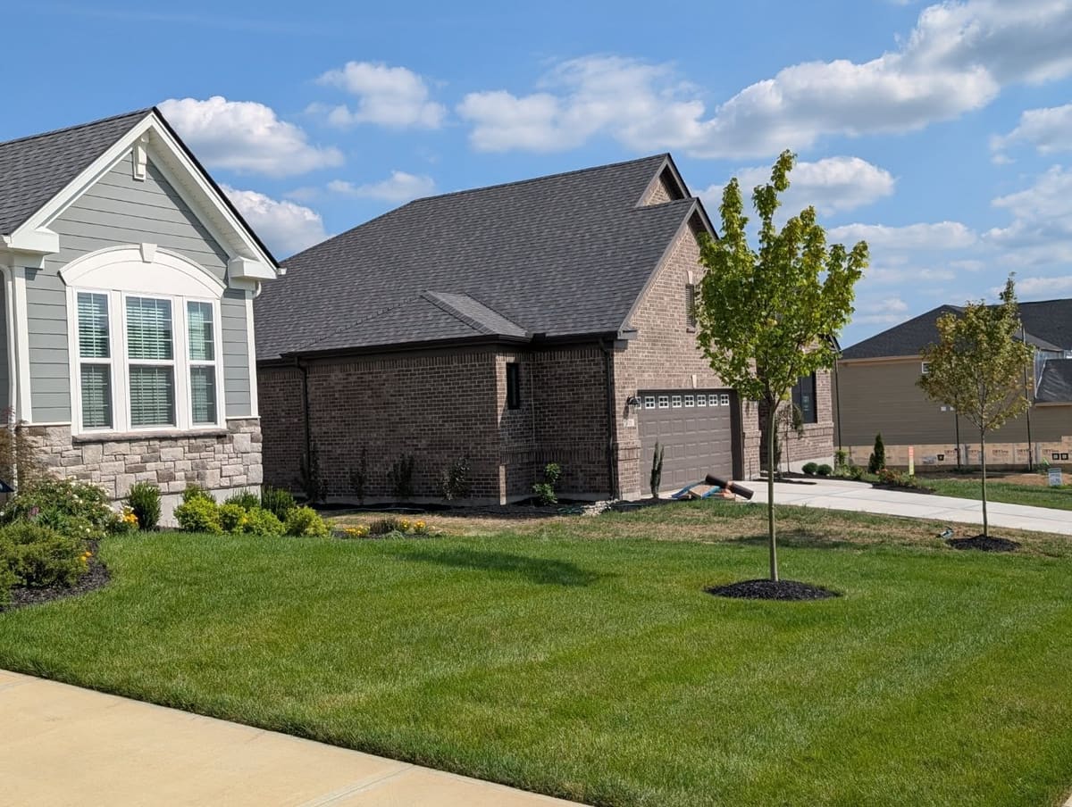 Healthy, evenly green front lawn in front of a newly built home on a sunny day.