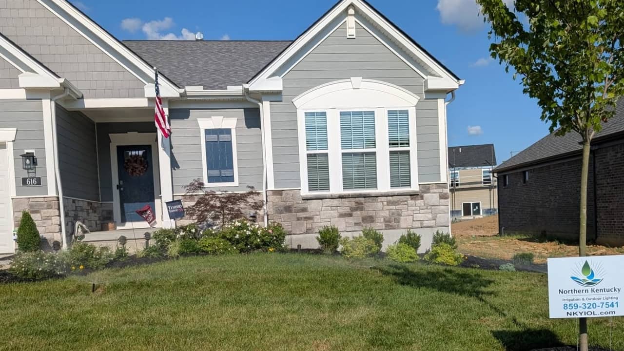 Freshly laid sod on a residential lawn, seams still visible across the yard.